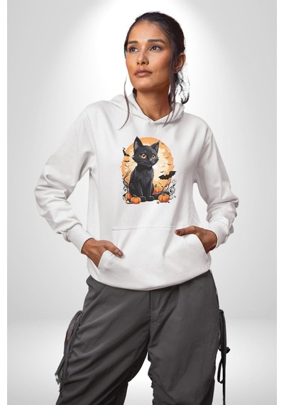 Cadılar Bayramı Kedi Kadın Erkek Beyaz Kapüşonlu Sweatshirt Hoodie Beyaz