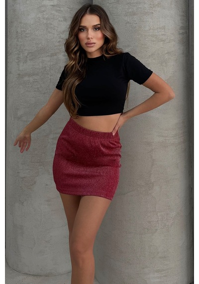 Lesa Wear Yüksel Bel Simli Mini Kalem Etek Bordo