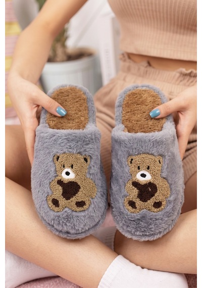 Kadın Ayıcık Nakışlı Peluş Ev Terliği Kapalı Burun Arkası Açık Yumuşak Sıcak Kışlık Konforlu Pandufu Gri