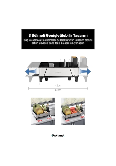 Inox Master Kd600 304 Paslanmaz Çelik Genişletilebilir Bulaşıklık Geniş Kapasiteli Tezgah Üstü Kurutmalık, Su Tahliye Tepsili Çok renkli
