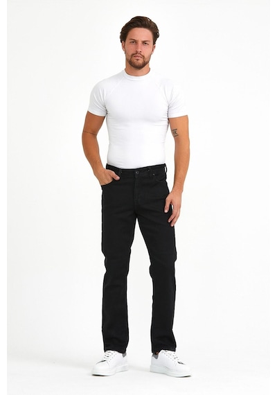 Vikingsjeans Normal Kesim Fermuarlı Geniş Paça Yüksek Bel Siyah Baba Örme Kumaş Kot Pantolon Siyah