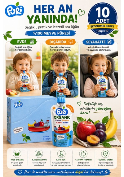 Organic Mürdüm Erikli Muzlu Elma Püresi 100 G x 10 %100 Organik İlave Şekersiz 10'lu Paket