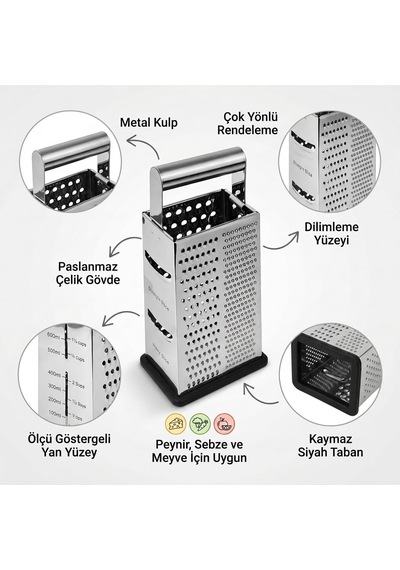 Deconox Paslanmaz Çelik Rende, Metal Kulplu 4 Yüzeyli Mutfak Rend