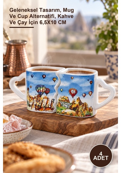 4 Adet Yöresel Porselen Kupa Bardak Geleneksel Tasarım, Mug Ve Cup Alternatifi, Kahve Ve Çay İçin 6,5x10 Cm