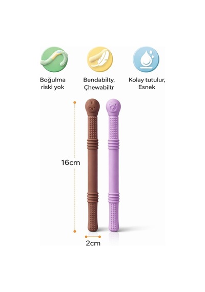 Bebek Diş Kaşıyıcısı Silikon Pipet & Diş Kaşıyıcı Set 2 Li Kahverengi & Mor Yeşil - Sarı