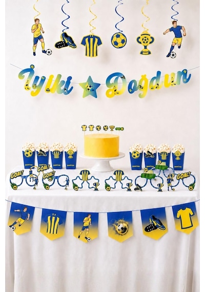 Sarı Lacivert Futbol Temalı Doğum Günü Parti Seti İyi Ki Doğdun Banner, Gözlük, Pasta Süsü Ve Mısır Kutusu