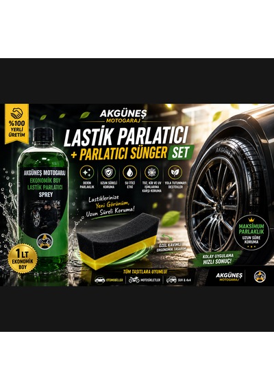 Akgüneş Motogaraj 1 Lt Lastik Parlatıcı + Lastik Parlatma Süngeri Seti Derin Parlaklık Ve Uzun Süreli Koruma