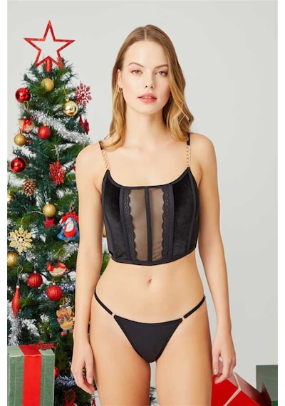Cottonhill Cottonhıll Ayarlanabilir Lastikli Tül Detaylı Kadın Kadife Bralet Siyah