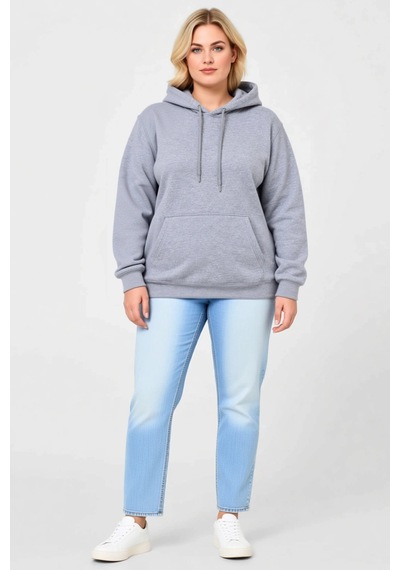 Ersefa Kadın Büyük Beden Sweatshirt Üç İplik İçi Şardonlu Kapüşonlu Kang Gri