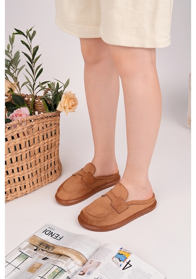 Muggo Vintage Süet Deri Günlük Rahat Önü Kapalı Kadın Loafer Terlik Taba