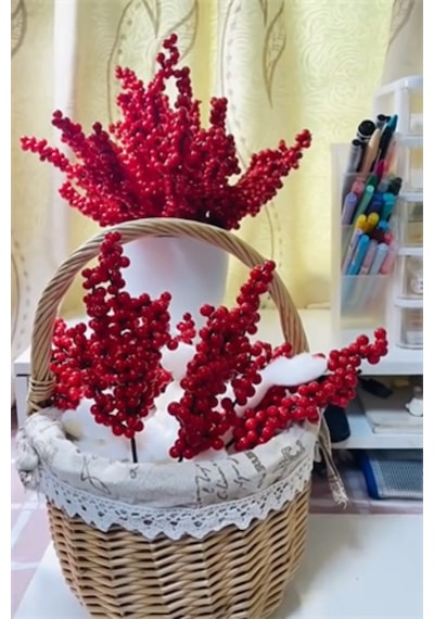 2 Adet Şık Kırmızı Yapay Meyve Dalları 22 Cm 8.66 Noel Ağacı Süsü, Dıy El Sanatları, Düğün &