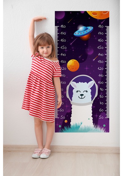 Lama Uzayda Temalı Dekoratif Çocuk Boy Ölçer Sticker Duvar Cetveli Takip Çizelgesi Mor