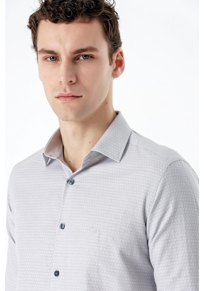 İmza Gri Uzun Kollu Desenli Armürlü Sert Yaka Cepsiz Pamuklu Slim Fit Dar Kesim Gömlek 1004235168-gri Gri