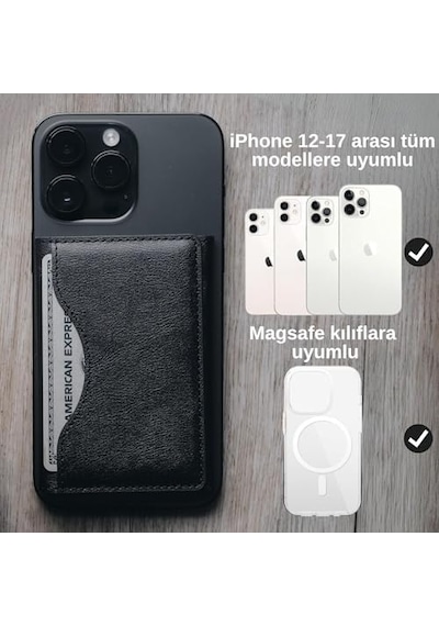 İphone İle Uyumlu Magsafe Özellikli Cüzdan Vegan Deri Güçlü Mıktanıs 6 Kart Hazneli Kartlık Siyah