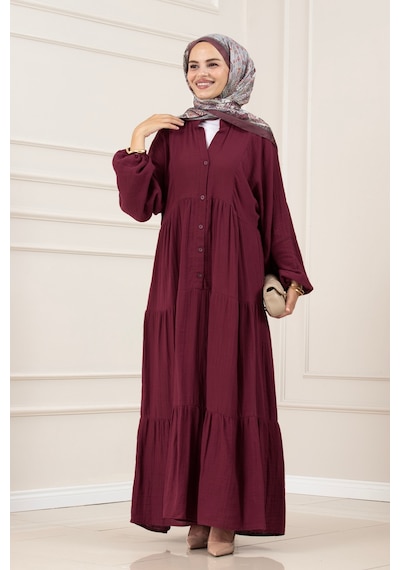 Sevitli Müslin Kumaş Robalı İvana Elbise-bordo-5808