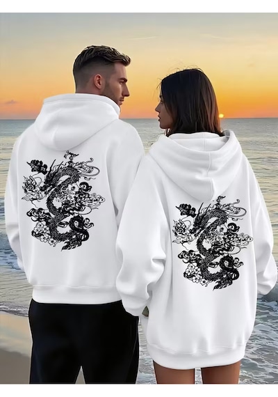 Nevermind Sevgili Kombini Ejderha Sırt Desenli Kapşonlu Sweatshirt Oversi Beyaz