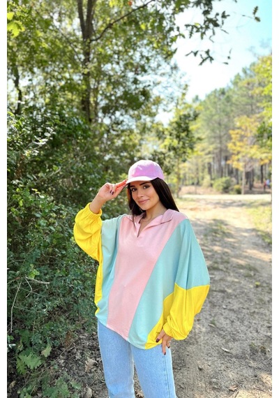 Kadın Pembe Polo Yaka, Yarasa Kol, Lastikli Manşet, Asimetrik Color Block, Salaş Sweatshirt Bluz Pembe
