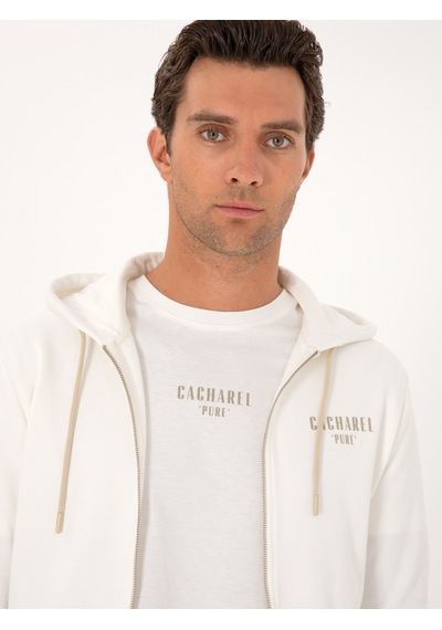 Ekru Regular Fit %100 Pamuk Tam Fermuarlı Kapüşonlu Sweatshirt Bej
