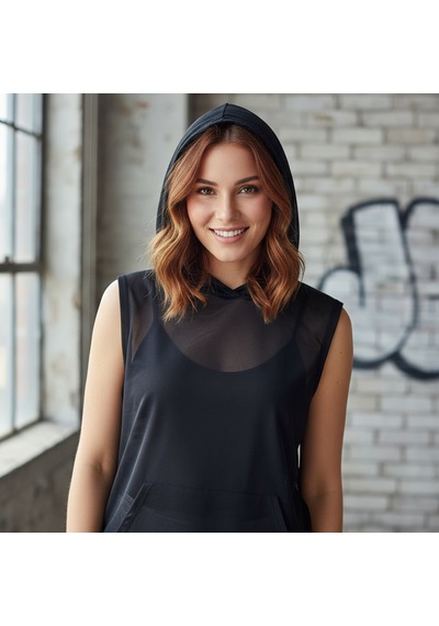 Bonbon Kadın Tül Kolsuz Kapşonlu Tshirt Bb2326 Siyah