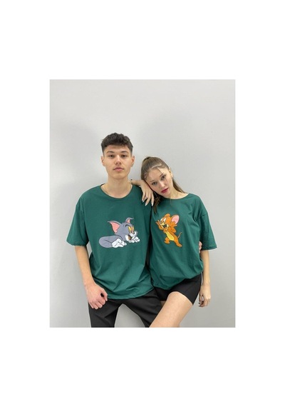 Flood Of Style Unisex Tshirt Yeşil Tom Ve Jerry Baskılı Sevgili Çift Kombini 2 'li Set