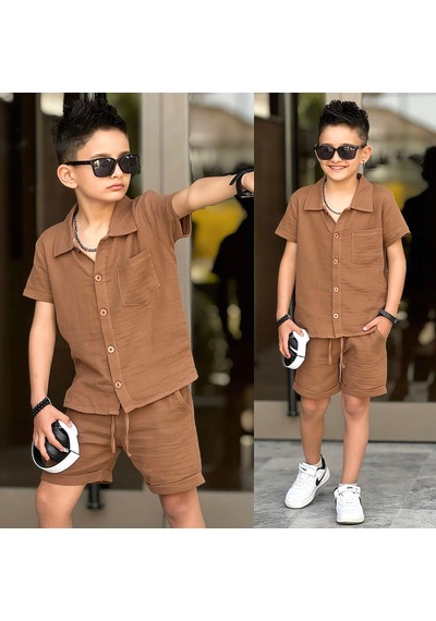 Ay Kids Erkek Çocuk Müslin Gömlek Şort Takım Yazlık Rahat Ve Şık Kombin 11737-k Kahverengi Ay Kids Erkek Çocuk Müslin Gömlek Şort Takım Yazlık Rahat Ve Şık Kombin 11737-k Kahverengi