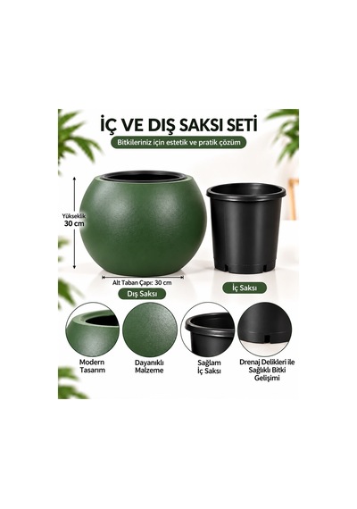Büyük Boy Yeşil Yuvarlak Saksı Seti İç Ve Dış Saksı Dekoratif Salon Ve Bahçe Saksısı -