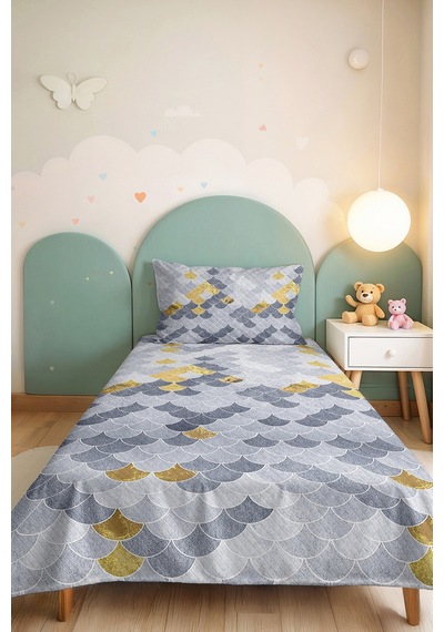 Geometrik Gri Genç Odası Tek Kişilik Dekoratif Pike Takımı - Gold 160x220 Cm Kapitone Yatak Örtüsü Kırık Vadi Aralığı