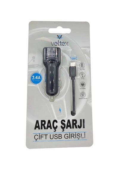 3.4A Çift Girişli (TYPE-C) Kablolu Araç Şarj Aleti Veltex VTX-03