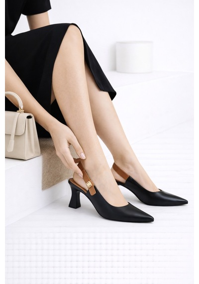 Dadwolf Kadın Slingback Topuklu Ayakkabı Sivri Burun 5,5 Cm Orta Topuk Bantlı Zarif Günlük Ofis Stiletto Siyah