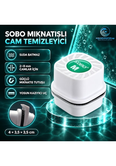Sobo Akvaryum Mıknatıslı Cam Temizleyici - Suda Batmaz - 4 X 3.5 X 3.5 Cm - Ekstra Yosun Kazıyıcı Uç - Güçlü Mıknatıs Tutunma Gücü