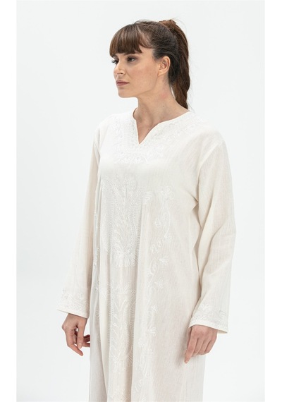 Eliş Şile Bezi Uzun Kol Şile Bezi Simli Kaftan Midi Boy Elbise Krem