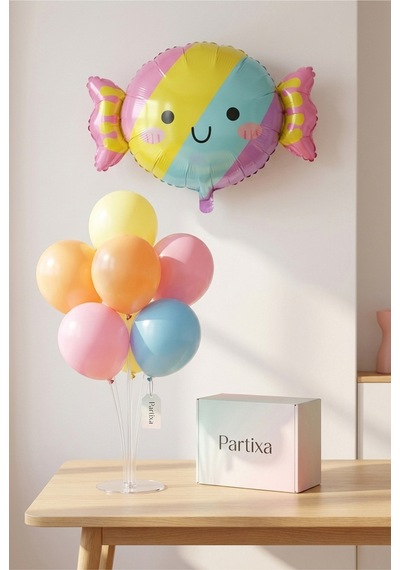 Şeker Figürlü Pastel Balon Stand Seti Şeffaf 7 Li Stand + Şeker Folyo Balon + 7 Makaron Renk Lateks Balon