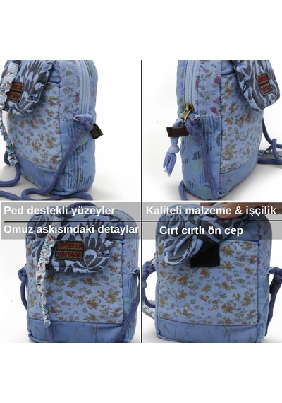 Cappadocia Vintage Kadın Çiçek Desenli Omuz Çantası - Bohem Tarz Mini El Ve Telefon Çantası Mavi - Taş