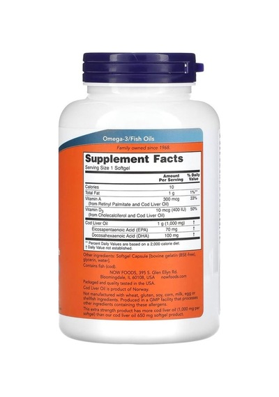 Cod Liver Oil 1000 Mg 180 Capsules - Vitmins A & D-3 , Epa , Dha