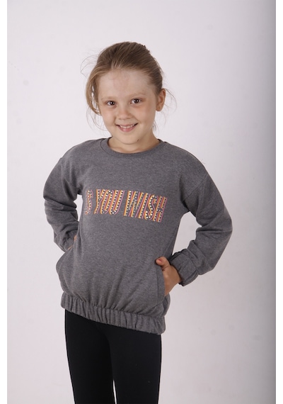 Toontoy Kız Çocuk You Wish Baskılı Sweatshirt Antrasit Melanj