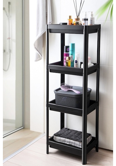 Omaş Household Product 4 Katlı Banyo Raf Ünitesi Siyah Banyo Düzenleyici Şampuanlık Havluluk Dolap Siyah