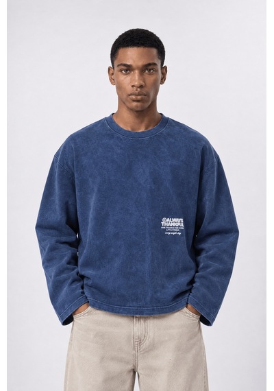 Respire Erkek Always Baskılı Yıkamalı Oversize Long Sleeve Lacivert