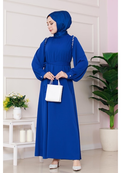 Sevitli Omuzu Taş Detaylı Rose Elbise-saks Mavi-4772 Saks Mavi