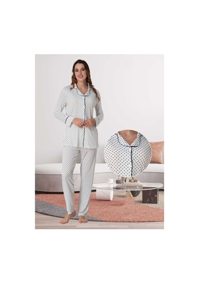Effortt Dvina Lohusa Hamile Puantiyeli Uzun Kollu Pijama Takımı - Ekru/lacivert Ekru-lacivert