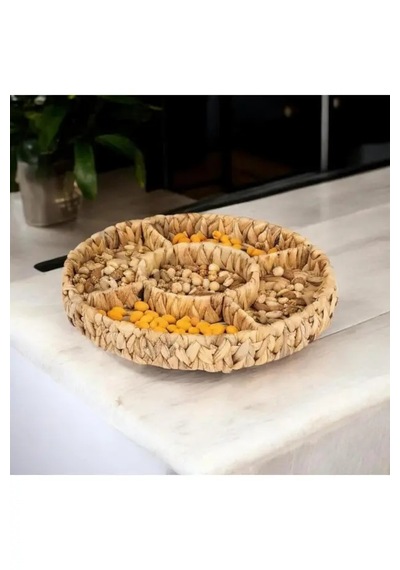 Hasır Muz Ağacından 5 Bölmeli Yuvarlak Çerezlik Kuruyemişlik Sunumluk Tepsi Çapı 30x7cm Açık Kahverengi