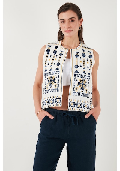 Lela Pamuklu Regular Fit Çiçekli Nakış Işlemeli Bayan Yelek 676293 Ekru