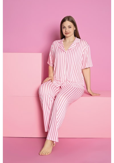 Rindahomewear Büyük Beden Cızgılı Desen Milan Düğmeli Kısa Kol Pijama Takımı Pembe