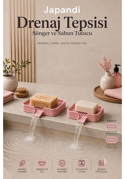 Ognami Japon Minimalist Drenaj Tepsisi Su Tahliyeli Banyo & Mutfak Düzenleyici - Pembe