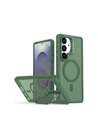 Samsung Galaxy S25 Kılıf Armor Seri Magsafe Uyumlu Stand Özellikli Kamera Lensli Kapak Koyu Yeşil