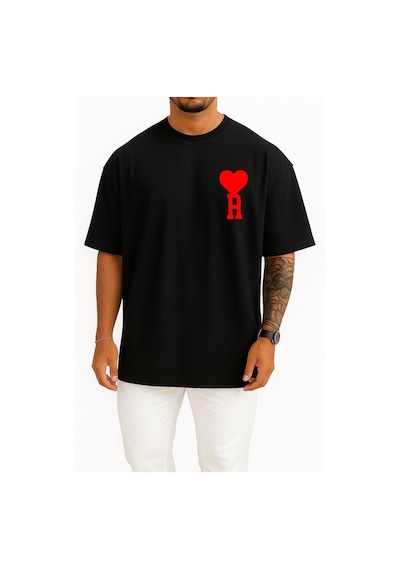Bahriyeli Collection Oversize Kalp Ve R Harfi Cep Tasarımlı Unisex T-shirt SIYAH