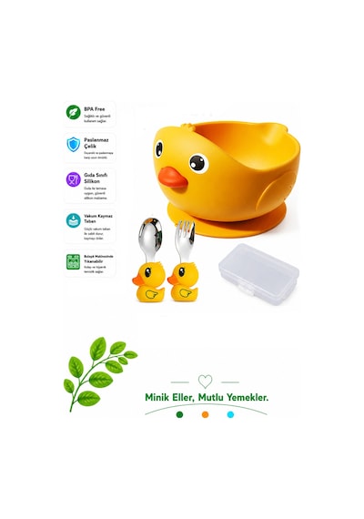 Sarı Renk Civciv Figürlü Premium Güvenli Bebek Çocuk Vakumlu Silikon Beslenme Mama Seti, 9+ Ay