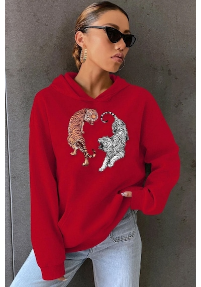 Uyguntarz Unisex Tiger Baskılı Sweatshirt Kırmızı