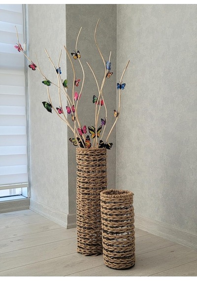 Asenya Hasır Örgü Vazo 60 Cm Çiçeklik Yapay Çiçek Vazosu Dekoratif Saksı Çok Renkli