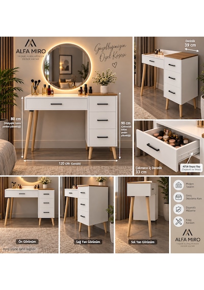 Dorm Çekmeceli Ahşap Ayaklı Makyaj Masası - Beyaz- Atlantik Çam - 120x90 Cm Beyaz - Çam Dorm Çekmeceli Ahşap Ayaklı Makyaj Masası - Beyaz- Atlantik Çam - 120x90 Cm Beyaz - Çam