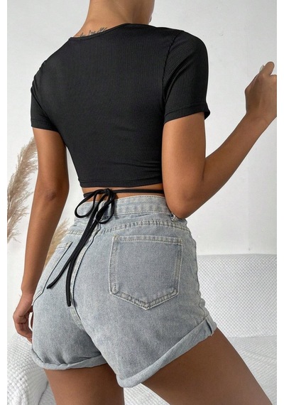 Beru Kadın Siyah Yarım Kol Çapraz Bağlamalı Crop Top Bluz L - XL